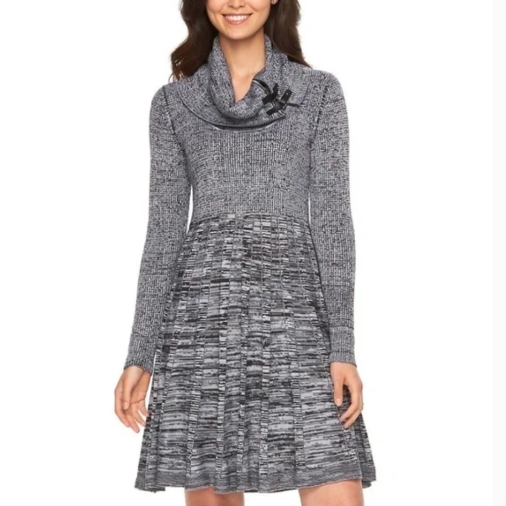 Dana Buchman Cowl Neck Fit and Flare Black and White Sweater Pleated Dress Sz L